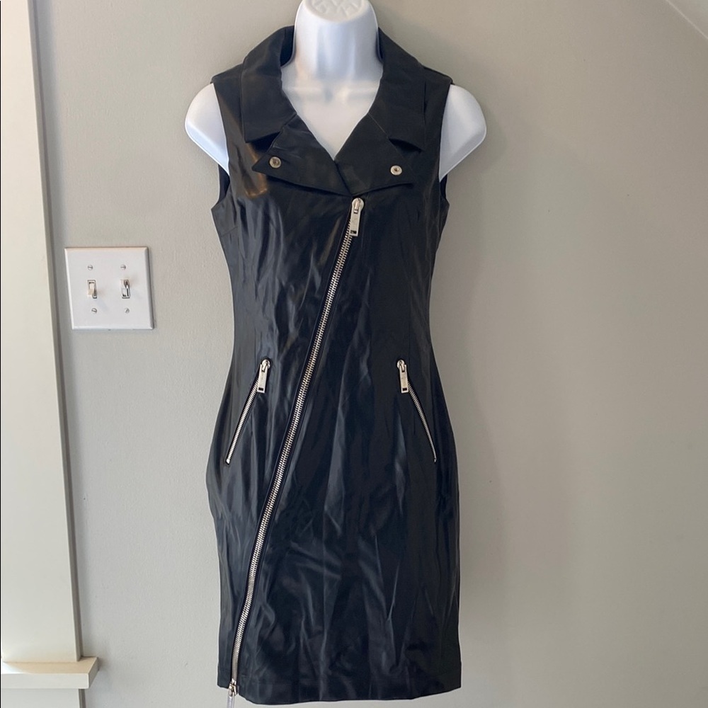 Fiorucci Chic Black Faux Leather Sleeveless Moto Dress with Zipper size 6 NWT